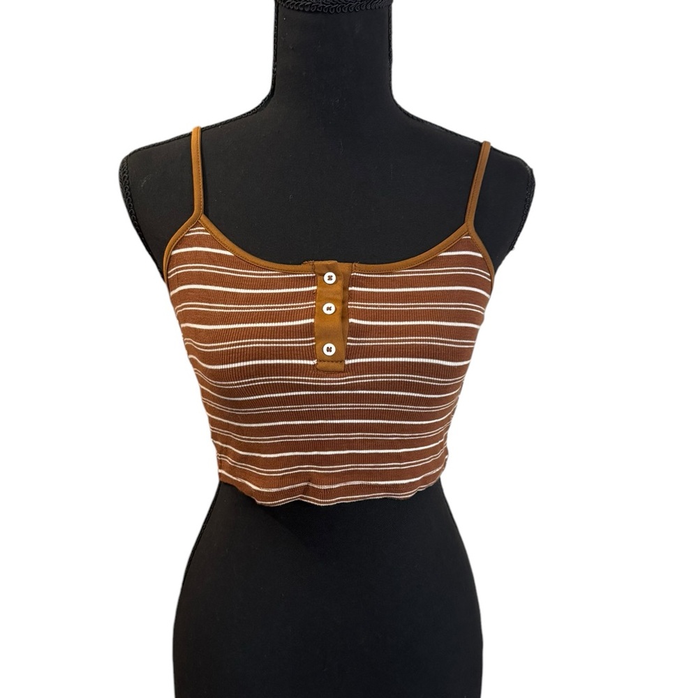 ROMWE brown & white striped ribbed cropped tank top size S NWOT